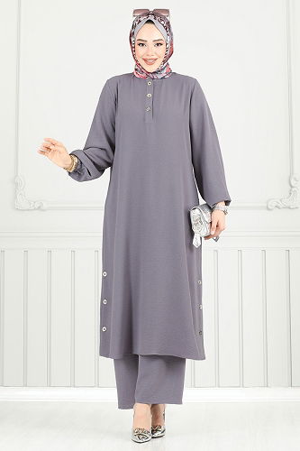 moda selvim طقم رمادي غامق 015MR1078 - Thumbnail