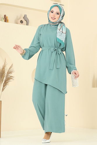 moda selvim طقم أخضر باهت 017MR1078 - Thumbnail