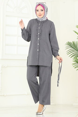 moda selvim طقم رمادي غامق 022MR1078 - Thumbnail