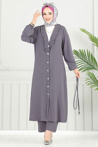 moda selvim طقم رمادي غامق 023MR1078 - Thumbnail