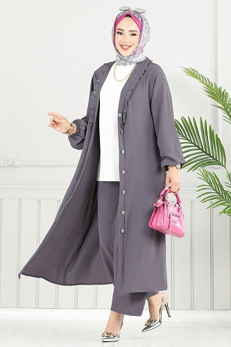 moda selvim طقم رمادي غامق 023MR1078 - Thumbnail