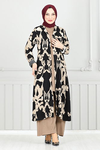 moda selvim طقم بيج غامق واسود 0332BGS895 - Thumbnail