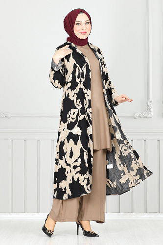 moda selvim طقم بيج غامق واسود 0332BGS895 - Thumbnail