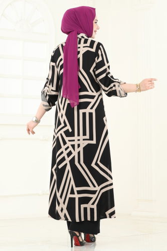 moda selvim طقم بيج وأسود 0337BG354 - Thumbnail
