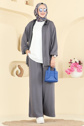 moda selvim طقم رمادي غامق 0363ERK1158 - Thumbnail
