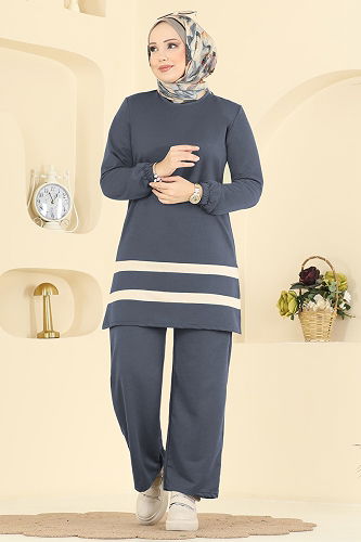 moda selvim طقم رمادي غامق 1004ETT926 - Thumbnail