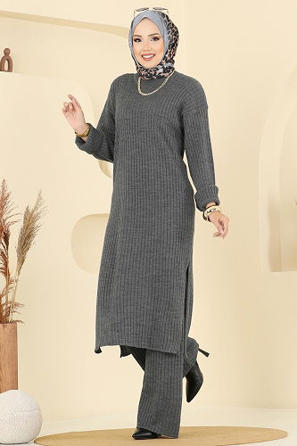 moda selvim طقم رمادي غامق 1020KLB1050 - Thumbnail