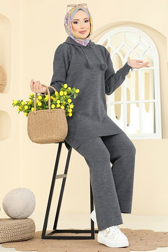 moda selvim طقم رمادي غامق 1079BRZ597 - Thumbnail