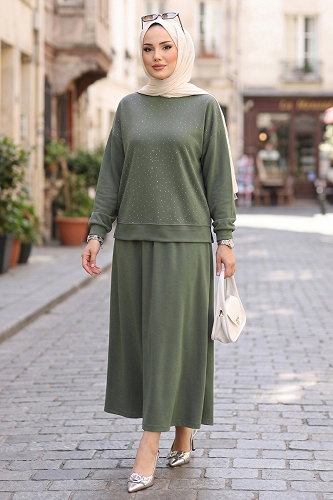 moda selvim طقم أخضر باهت 115NZRK1200 - Thumbnail