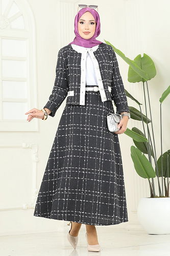 moda selvim طقم رمادي غامق 1180S324 - Thumbnail