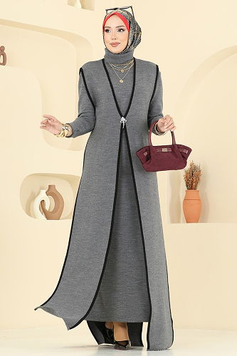 moda selvim طقم رمادي غامق 12609KL398 - Thumbnail