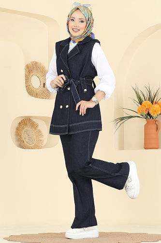 moda selvim طقم جينز غامق 1334ANT466 - Thumbnail