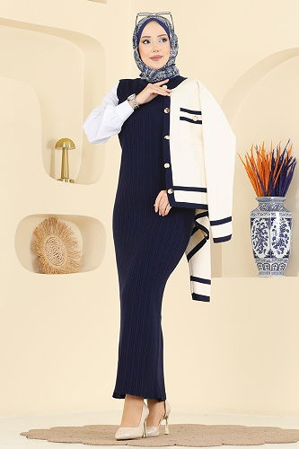 moda selvim طقم كحلي وسكري 1355MT581 - Thumbnail