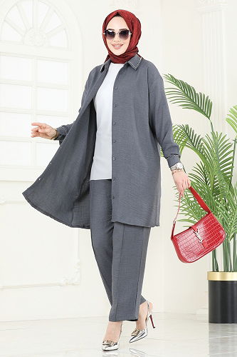 moda selvim طقم رمادي غامق 140HBS856 - Thumbnail