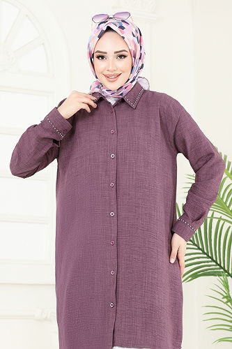 moda selvim طقم ليلكي غامق وسكري 140HBS856 - Thumbnail