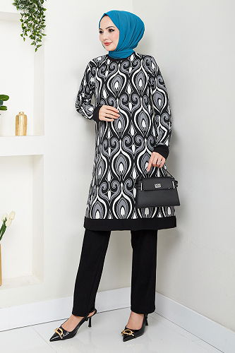 moda selvim طقم رمادي غامق 185BO1060-M - Thumbnail