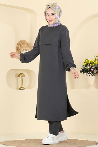 moda selvim طقم رمادي غامق 1914SBL832 - Thumbnail