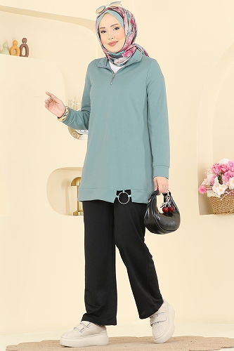 moda selvim طقم أخضر باهت وأسود 1946FON792 - Thumbnail