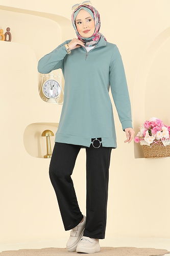 moda selvim طقم أخضر باهت وأسود 1946FON792 - Thumbnail