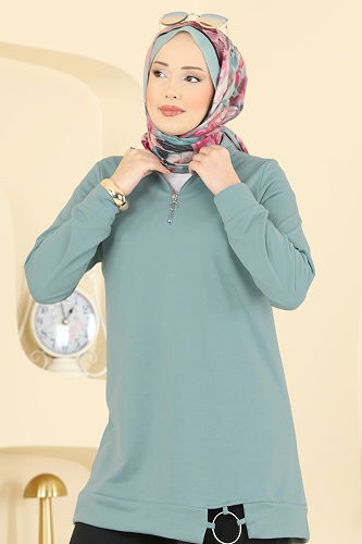 moda selvim طقم أخضر باهت وأسود 1946FON792 - Thumbnail