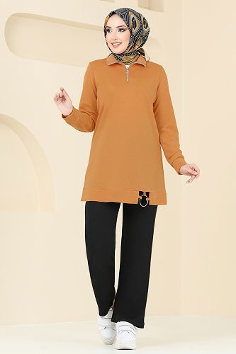 moda selvim طقم خردلي وأسود 1946FON792 - Thumbnail