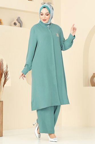 moda selvim طقم أخضر باهت 1974TRT545 - Thumbnail