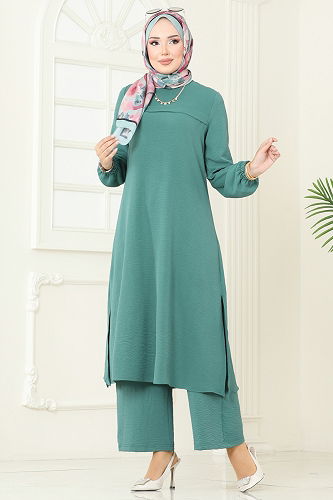 moda selvim طقم أخضر باهت غامق 1996FON792 - Thumbnail