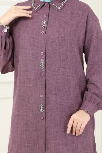 moda selvim طقم ليلكي غامق وسكري 2002HBS856 - Thumbnail