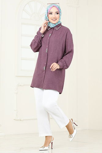 moda selvim طقم ليلكي غامق وسكري 2002HBS856 - Thumbnail