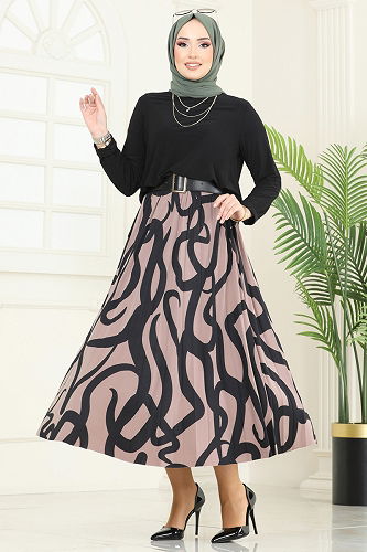 moda selvim طقم أسود وبيج غامق 2003MEY846 - Thumbnail