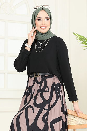 moda selvim طقم أسود وبيج غامق 2003MEY846 - Thumbnail