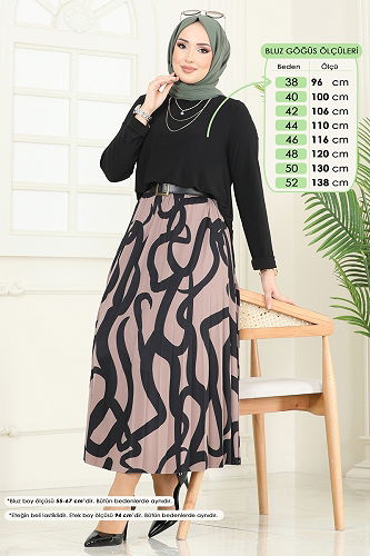 moda selvim طقم أسود وبيج غامق 2003MEY846 - Thumbnail