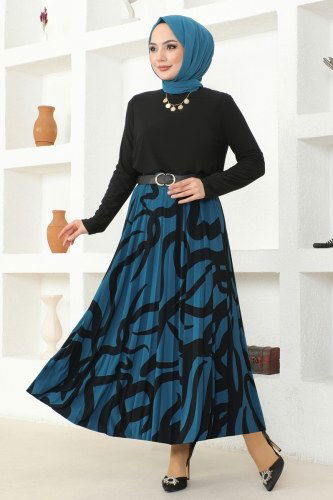 moda selvim طقم أسود وبترولي 2003MEY846 - Thumbnail
