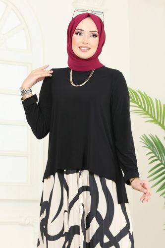 moda selvim طقم أسود وبيج 2003MEY846 - Thumbnail
