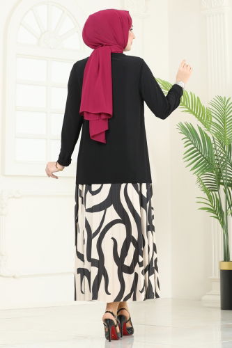 moda selvim طقم أسود وبيج 2003MEY846 - Thumbnail
