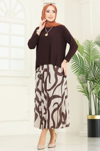 moda selvim طقم بني وبيج 2003MEY846 - Thumbnail
