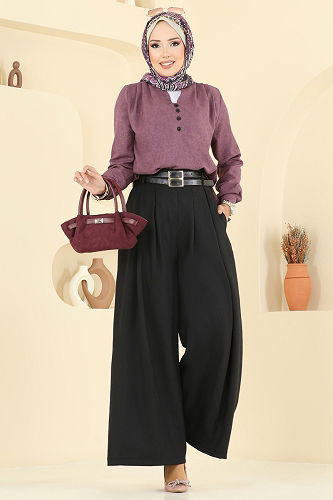 moda selvim طقم ليلكي غامق وأسود 2006FON792 - Thumbnail