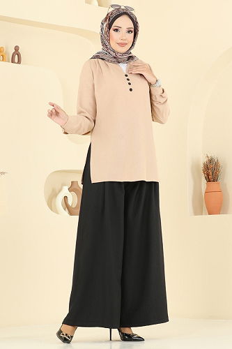 moda selvim طقم بيج وأسود 2006FON792 - Thumbnail