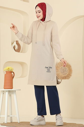 moda selvim طقم بيج وكحلي 2007FON792 - Thumbnail