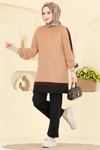 moda selvim طقم بيج وأسود 2031FON792 - Thumbnail