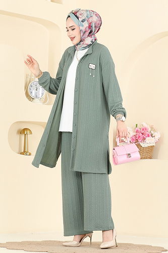 moda selvim طقم أخضر باهت 210BO429 - Thumbnail