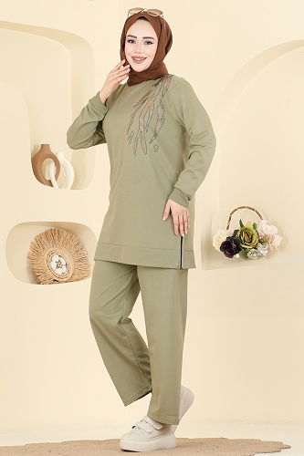 moda selvim طقم أخضر عشبي 210OZN1046 - Thumbnail