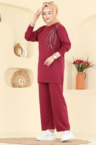 moda selvim طقم خمري 210OZN1046 - Thumbnail