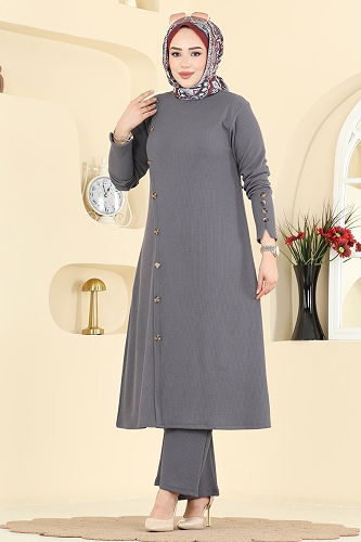 moda selvim طقم رمادي غامق 215BO429 - Thumbnail