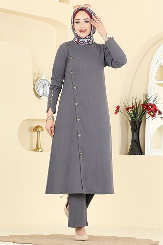 moda selvim طقم رمادي غامق 215BO429 - Thumbnail