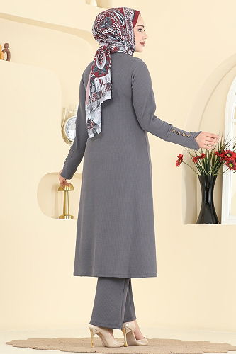 moda selvim طقم رمادي غامق 215BO429 - Thumbnail