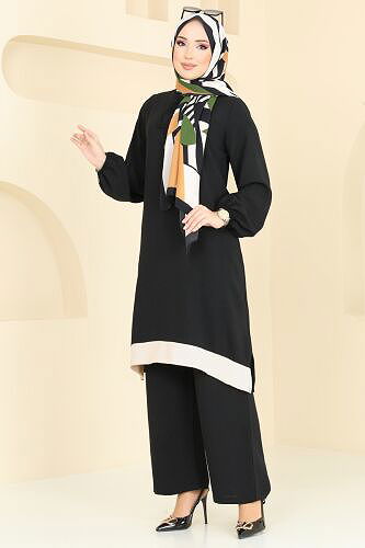 moda selvim طقم أسود وبيج 2252BLU797 - Thumbnail