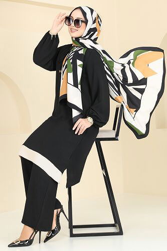 moda selvim طقم أسود وبيج 2252BLU797 - Thumbnail