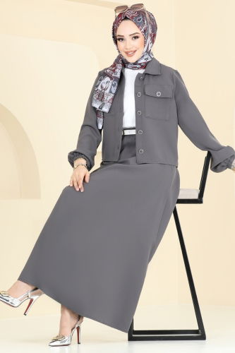 moda selvim طقم رمادي غامق 23005UKB139 - Thumbnail