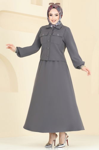 moda selvim طقم رمادي غامق 23005UKB139 - Thumbnail